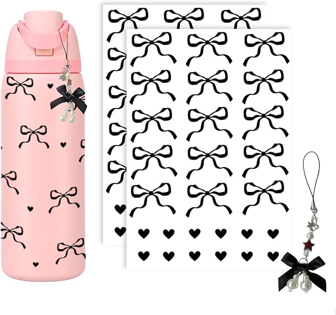 Bows Stickers for Custom Owala Accessories, Heart Decals Transfer Stickers for Water Bottles, Bows Pearl Charms for Owala (Black)