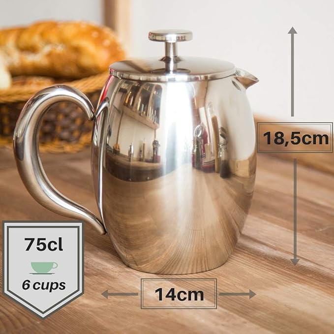 VeoHome - 0.75 litre plunger - Unbreakable and keeps the coffee hot for a long time thanks to its double stainless steel shell