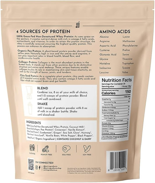 JUST INGREDIENTS Chai Protein Powder – 30-Serving Blend with 100% Grass-Fed Whey & Organic Plant Proteins – Warm Spice Flavor with Cinnamon, Ginger & Cardamom – Supports Muscle Recovery, Energy*