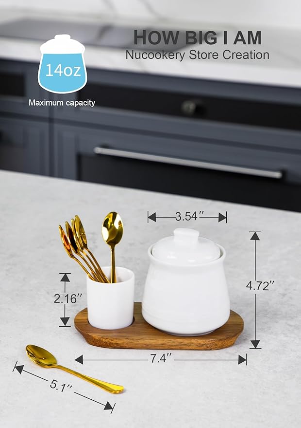 Nucookery Porcelain Sugar Bowl with Lid and Spoons, 14 oz. Large Sugar Container for Coffee Bar, Deluxe Sugar Bowl Set with Stainless Steel Spoons (White, Golden Spoon)