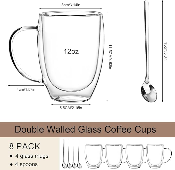 Double Wall Glass Coffee Mugs 12 OZ, Clear Coffee Cup With Handle,Insulated Coffee Mugs Set of 4 With Spoons Perfect for Espresso, Cappuccino, Latte, American,Tea Bag, Beverage