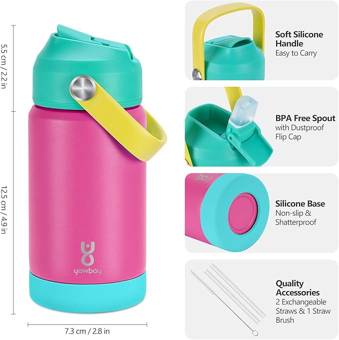 Kids Insulated Water Bottle with Straw Lid & Silicone Handle,12oz Kids Leak Proof Water Bottle for School Boys Girls,Double Wall Vacuum Stainless Steel with Non-slip Silicone Base(Rose Pink)