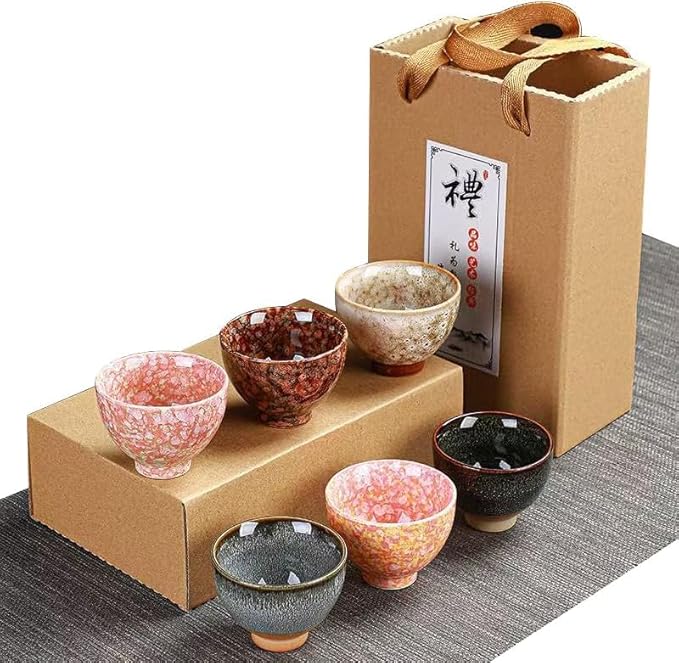 Teacups, Sake Cups Handmade Ceramic Mug Set 2.5 oz (Approx. 70.9 g) 6 Color Earthenware Teacups, Sake Cups (Set of 6)