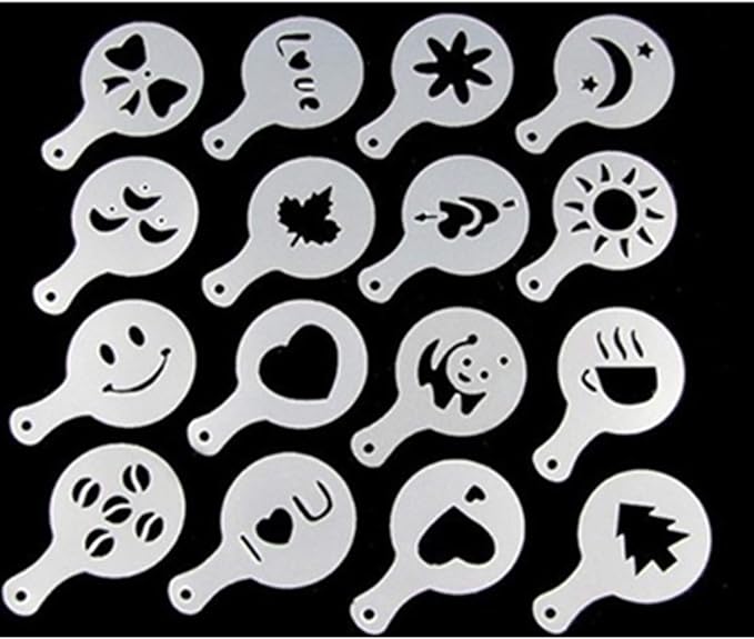 JinYu Coffee Art Maker Set, 16 Pieces Coffee Decorating Stencils Barista Template +1 Latte Pen + 2 Pack Spiral Pattern Mixing Spoon Fork 2 in 1 for Mousse Cake Birthday Party Bar Espresso (19 Pcs)