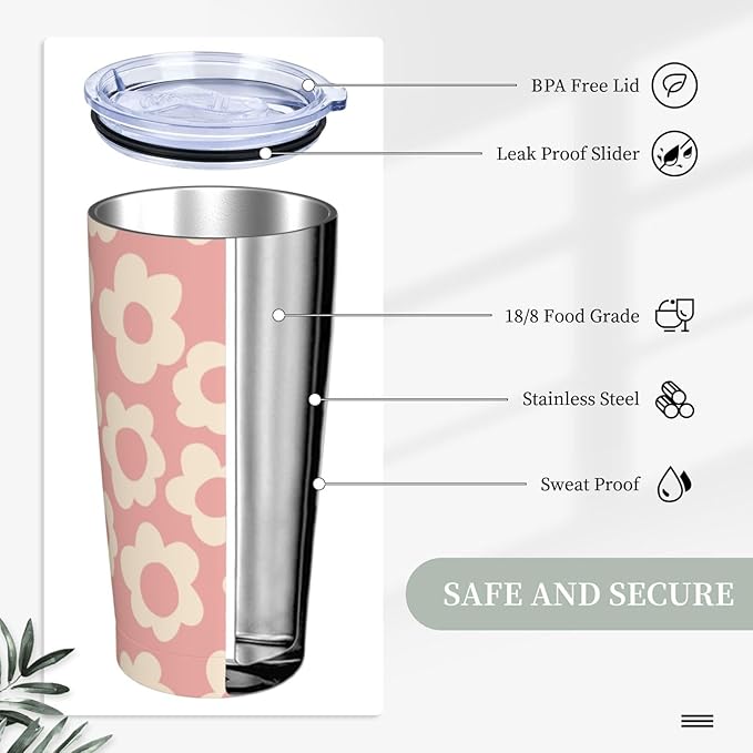 Vintage Groovy Flowers 20oz Stainless Steel Insulated Tumblers Travel Mug Cup Leakproof Gift For Men Women Hot & Cold Drinks Splash-Proof Lid Metal Straw and Brush