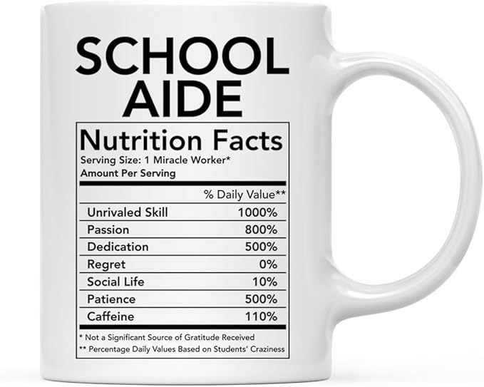 Andaz Press Funny 11oz. Ceramic Coffee Tea Mug Thank You Gift, School Aide Nutritional Facts, 1-Pack
