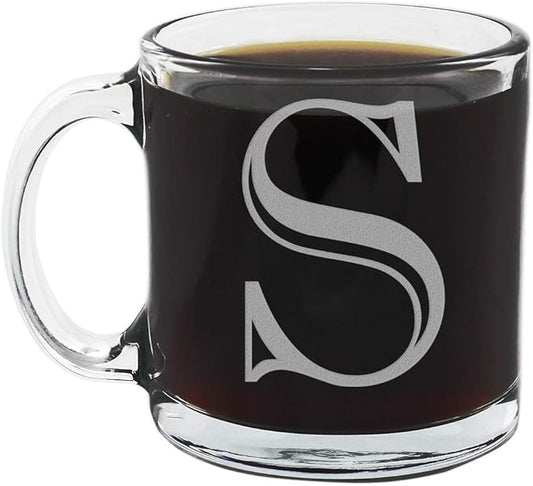 Etched Monogram 12oz Clear Glass Coffee Mug (Letter S), A-Z Customized Gifts for Coffee Lovers, Custom Engraved Gifts for Women Her, Personalized Gift for Men, Initial