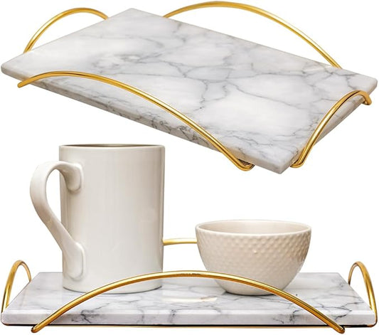Serving Tray with Gold Handles – 12"x8" Marble Decorative Tray for Food, Drinks, Bathroom, or Coffee Table Décor by Museo