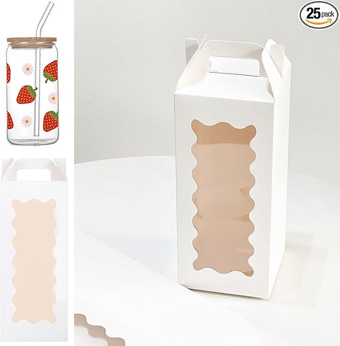 25Pcs Tumbler Gift boxes for glass cup with Handle for 16oz 18oz 20oz Sublimation Glass, Cup boxes for packaging 16oz,water bottle gift boxes,Tumbler Packaging Boxes with window for gifts(White)