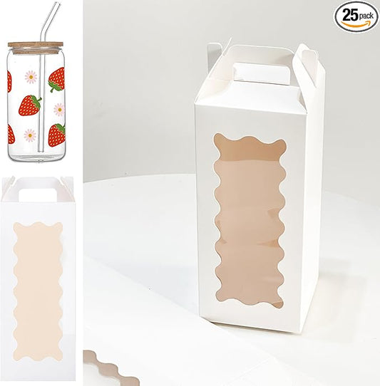 25Pcs Tumbler Gift boxes for glass cup with Handle for 16oz 18oz 20oz Sublimation Glass, Cup boxes for packaging 16oz,water bottle gift boxes,Tumbler Packaging Boxes with window for gifts(White)