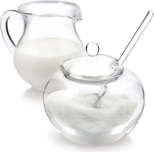 Teabloom Stain-free & Odor-free Borosilicate Glass Sugar and Creamer Set - Tea or Coffee Serving Set Includes Cream Pitcher, Sugar Bowl with Lid and Spoon (Serves up to 5-6 People)