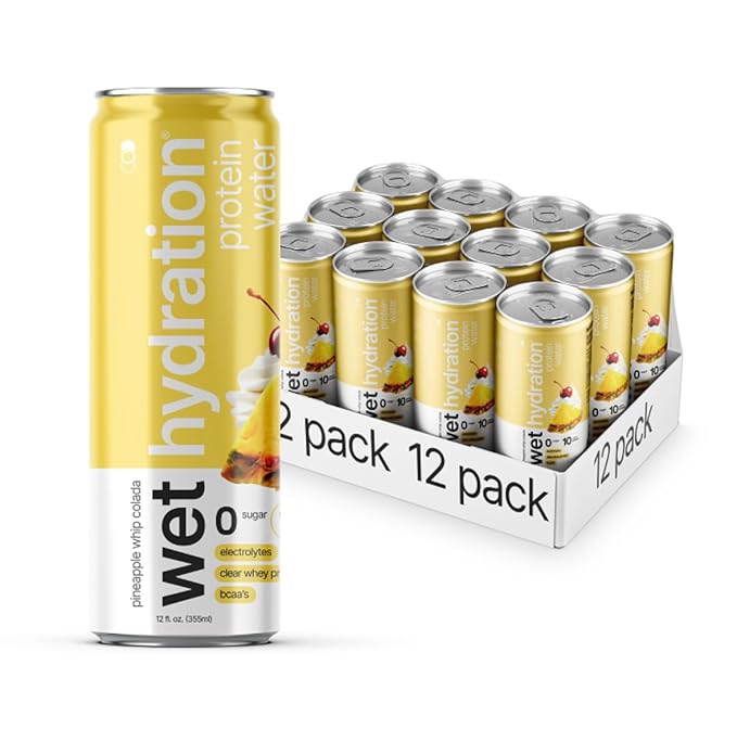 Wet Hydration | Functional Wellness Water, Non-Carbonated - Pineapple Whip Colada (12 fl. oz.| Pack of 12) - Zero Calorie Hydration Drink with Electrolytes, Clear Whey Protein, BCAAs, Protein Water, No Sugar, No Artificial Ingredients