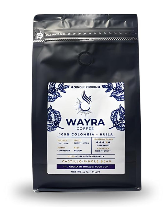 Wayra Whole Bean Colombian Coffee - Dark Roast - Castillo 100% Arabica Fresh Colombian Coffee - Huila Single Origin - Direct Trade - Low Medium Acid - Flavor Notes of Dark Chocolate, Panela and Walnuts Net Wt. 12 Oz (340 gr) Resealable Bag - Pour Over,...