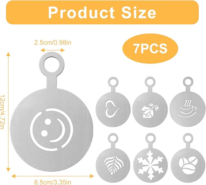 7PCS Coffee Stencils Latte Art, Stainless Steel Reusable Metal Coffee Stencils with Various Patterns for Cappuccino Cake Cookie Decorating Home and Cafe Use (Silver)