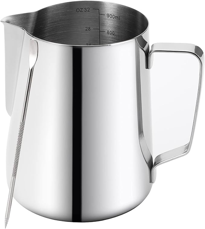 Nicunom Milk Frothing Pitcher 32oz, 304 Stainless Steel Steaming Pitchers 900ml Milk Frother Cup with Art Pen, Espresso Cappuccino Latte Art Barista Coffee Accessories