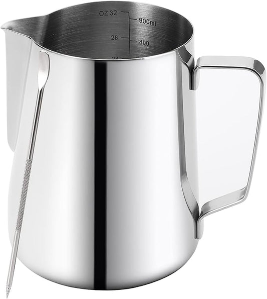 Nicunom Milk Frothing Pitcher 32oz, 304 Stainless Steel Steaming Pitchers 900ml Milk Frother Cup with Art Pen, Espresso Cappuccino Latte Art Barista Coffee Accessories