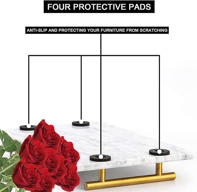 DEAYOU Decorative Tray with Gold Handles, Natural Marble Stone Tray, 12" Nightstand Serving Tray with Metal Handle, Perfume Tray Pastry Food Board for Bathroom, Vanity, Coffee Table, Desk, White