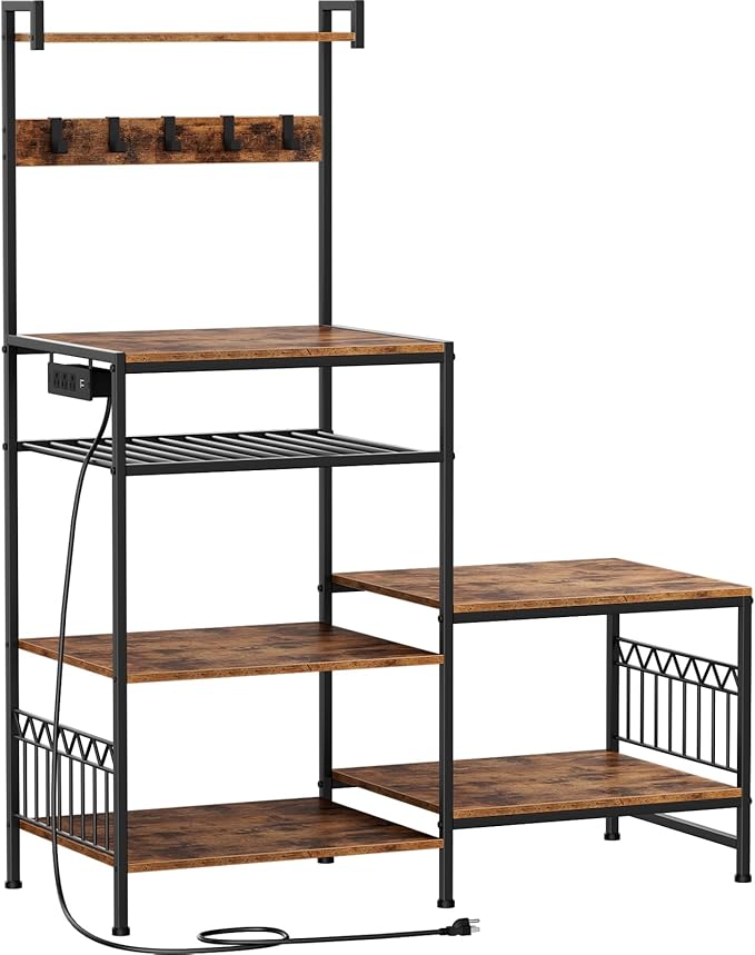 Portin Kitchen Shelf Bakers Rack with Power Outlet, Mini Fridge and Microwave Stand Coffee Bar Table with S-Hooks, Storage Shelf Rack for Spices, Pots and Pans - Rustic Brown