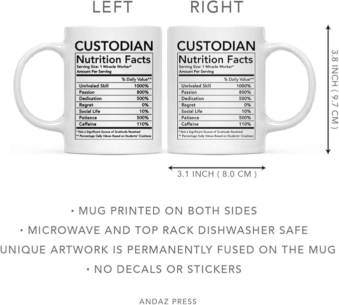 Andaz Press Funny 11oz. Ceramic Coffee Tea Mug Thank You Gift, Custodian Nutritional Facts, 1-Pack