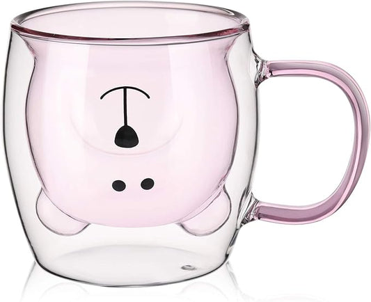 Patelai Cute Bear Tea Cup Double Wall Glass Milk Coffee Bear Mug with Handle Insulated Espresso Christmas Beer Cup Cute Birthday Gift for Women Men Valentine, 250 Ml/ 8. 4 oz(Pink,1 Piece)