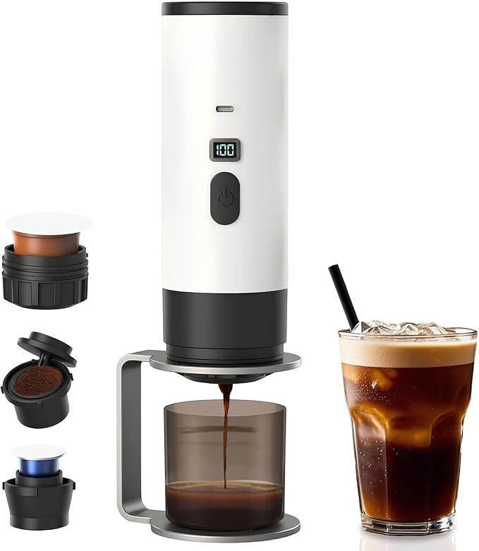 Portable Espresso Maker, Hands-Free Travel Coffee Makers for Camping, Car Self-Heating Espresso Machine with USB-C, With Ground Coffee & NS Capsules for RV/Office/Hiking