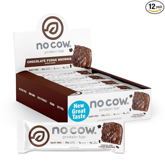 No Cow Vegan Protein Bars, Upgraded Chocolate Fudge Brownie | 20g Plant Based Protein, Gluten Free, Dairy Free, Soy Free, Keto Friendly, Low Sugar, High Fiber Snack Bars | Pack of 12