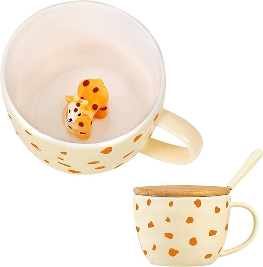 Giraffe Mug Cute Coffee Mug with 3D Animal Inside Ceramic Tea Cup with Lid Spoon Cool Animal Stuff Unique Friendship Birthday Gifts for Women Men Friend Coworkers Sister Kids Giraffe Christmas Gifts