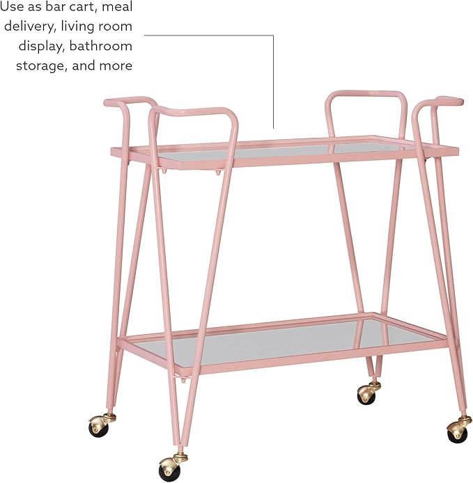 Gina Pink Mid-Century Bar Cart with Mirrored Shelves and Locking Wheels by Linon