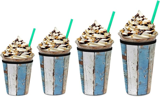 Rustic Beach Wooden Iced Coffee Sleeve for Cold Drink Cups, Reusable Neoprene Insulated Drink Sleeves Cup Cover for Beverages, Fits 32 oz