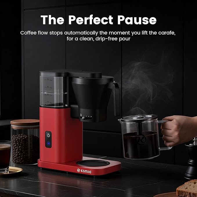 Kismile 8-Cup Drip Coffee Maker,Rapid Heating System for Seconds Brewing,Automatic Pour Over Coffee Machine,Detachable Water Tank,Dishwasher Safe,Adjustable Flow Control,Hot & Iced,Red