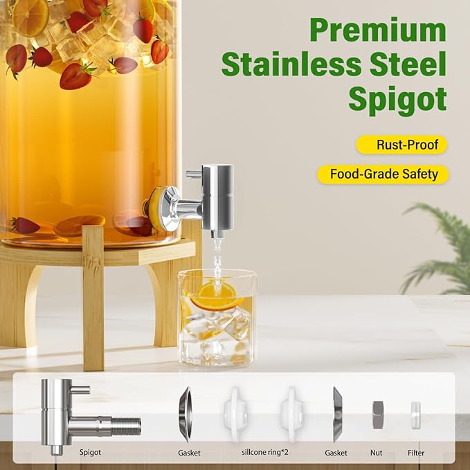 VOVUVK 1.2 Gallon Glass Drink Dispenser For Parties, Beverage Dispenser With Bamboo Wood Stand And Stainless Steel Spigot, Countertop Water Dispenser, Lemonade Dispenser For Wedding, Picnic (2PACK)