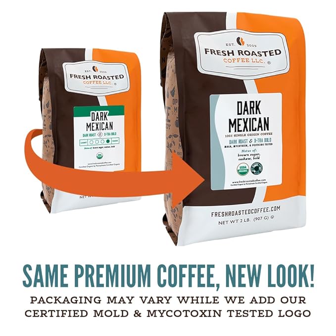 Fresh Roasted Coffee, Organic Dark Mexican | Mold & Myco 3rd Party Tested, USDA Organic, Kosher | Dark Roast 5 lb (80 oz) Whole Bean