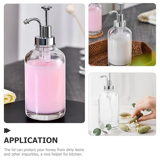 MUSISALY 2pcs Glass Syrup Pump Dispenser Bottles with Silver Pump Glass Coffee Syrup Pourer for Kitchen and Coffee Bar Multipurpose Condiment Dispensers Jam Honey