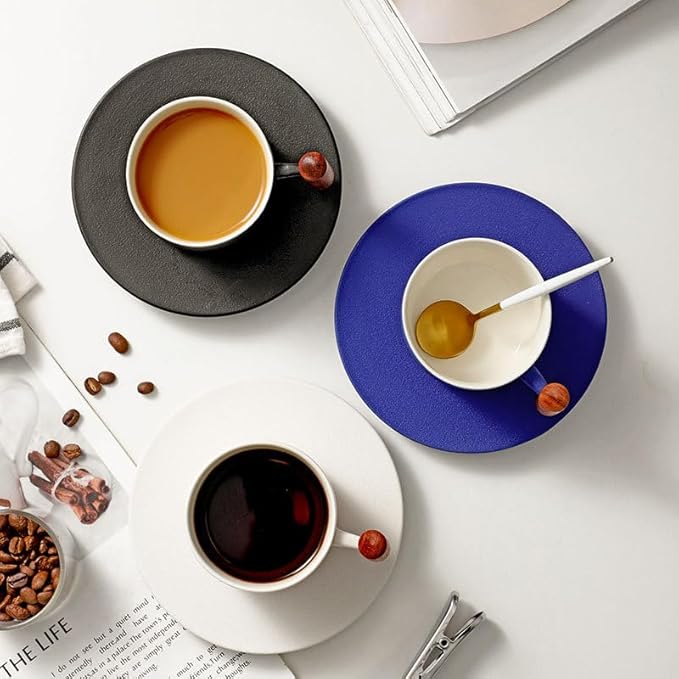 PRINCE G Japanese Style Ceramic Mug 130 ml with Matching Saucer – Handmade Minimalist Espresso, Coffee, Tea & Matcha Cup, Ideal Gift Set with Handgrip (BLACK)