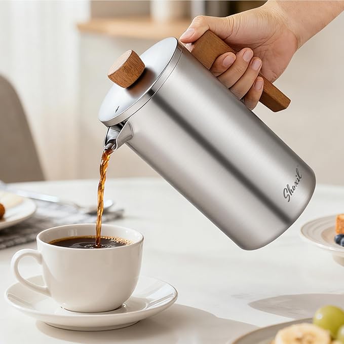 shoxil French Press Coffee Maker, 34oz Stainless Steel Coffee Press Real Wood Handle, Double Wall Insulated French Coffee Press with Dual-Filter Screen, Perfect for Camping & Kitchen Use