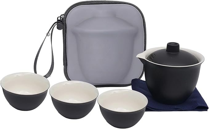 Porcelain Chinese Gongfu Tea Sets for Adults Portable Kungfu Teapot and Cup Set Small Ceramic Tea Party Set Travel Teaset with Lid for Home Gifting Outdoor and Office (Black)