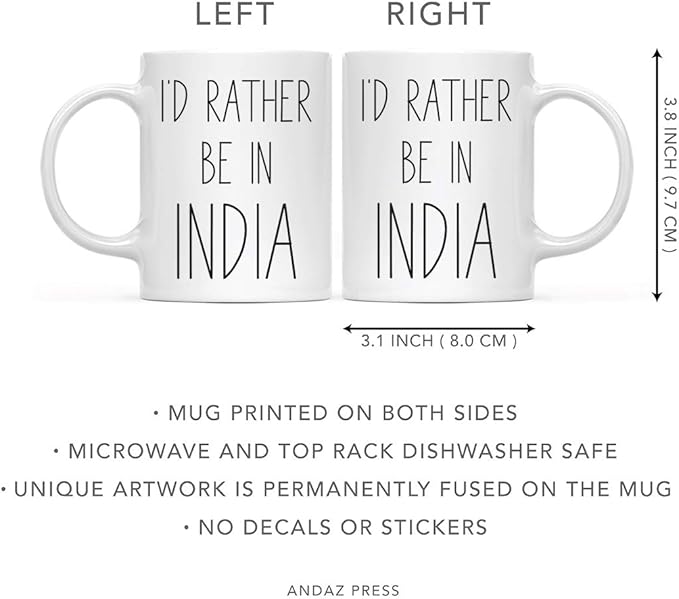 Andaz Press World Country Adventure 11oz. Coffee Mug Gift, I'd Rather Be in India, 1-Pack, Summer Vacation Long Distance College Going Away Study Abroad Birthday Christmas Gifts