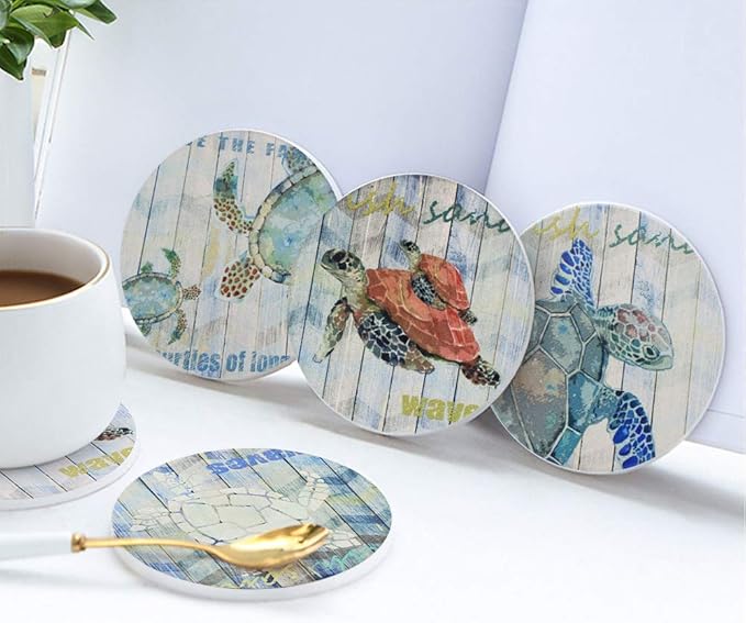 Absorbent Coasters Set of 4 - Ocean Theme Sea Turtle Coaster for Drinks with Vibrant Colors and Cork Backing (sea Turtle)…