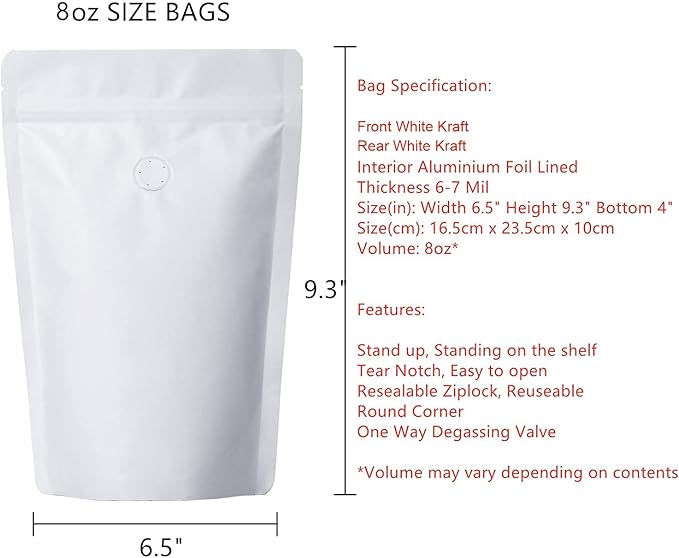 Pack of 50 White Kraft Paper Coffee Bags with Degassing Valve, Stand-up Coffee Pouches in Food Grade with Resealable Zipper Lock (8oz, 0.5lb, 50 Pieces)