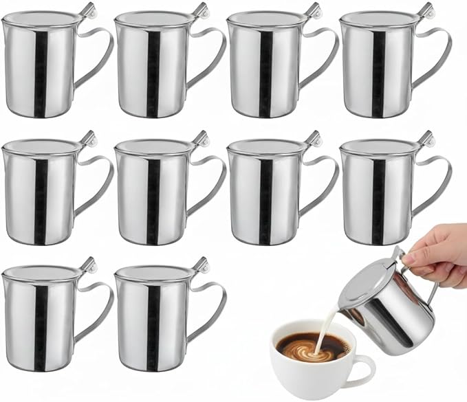 (Set of 12) Creamer Servers with Lid & Closed Handle – Durable Mirror-Finish Creamer Pitcher for Coffee, Syrup, Salad Dressings, Gravy – Perfect for Restaurants, Cafes & Home Use (12)