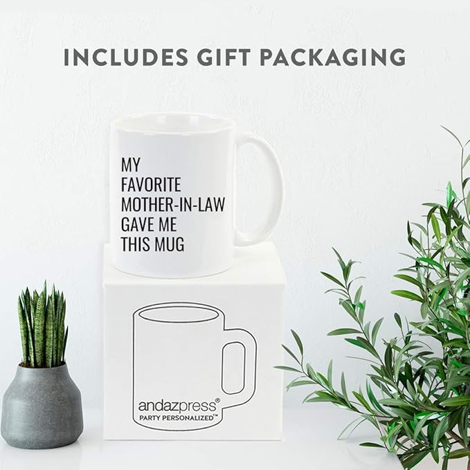 Andaz Press Funny 11oz. Coffee Mug Gift, My Favorite Mother-in-Law Gave Me This Mug, 1-Pack, Christmas Birthday Drinking Cup for Him Her Family in Laws Relatives