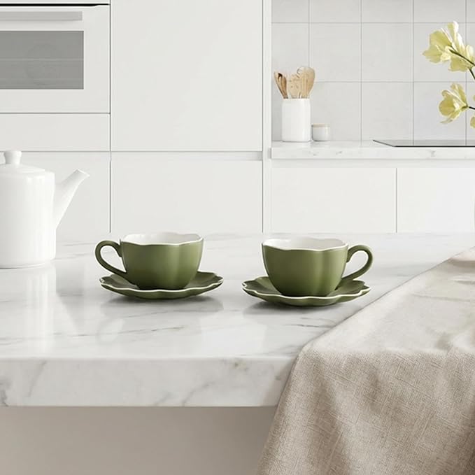 MyBudsBuzz Ceramic Espresso Cups with Saucers 6 oz,Coffe Cups for Cappuccino,Latte,Tea with Saucers Set of 2 - Flower - Vintage Green