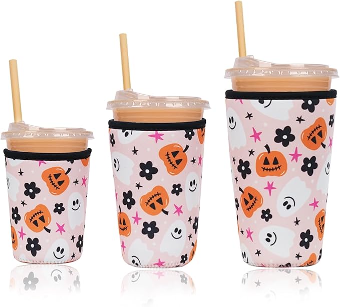Reusable Insulated Neoprene Iced Coffee Cup Sleeve, Durable Drink Sleeve for Cold Beverages, Beverage Holder for Iced Coffee, Hello Pumpkin