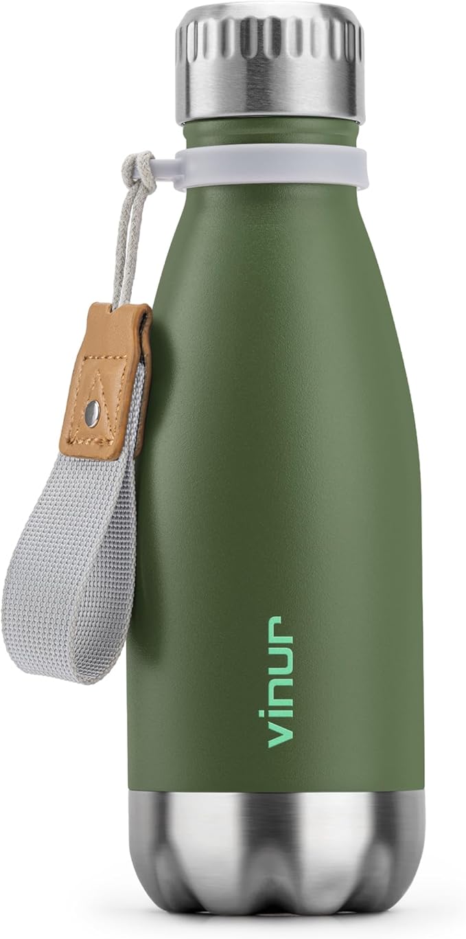 VINUR 9 oz Small Water Bottle | Leak-Proof Stainless Steel Metal Water Bottle with Carry Rope for School Travel, Grass Green