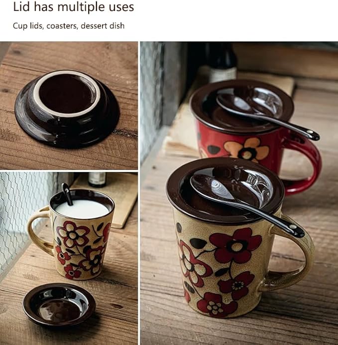 Coffee Mugs 12 oz with Spoon and Lid, Novelty Ceramic Coffee Cups for Latte, Hot Tea, Cappuccino, Mocha, Cocoa, Farmhouse Housewarming Wedding Present Christmas Mug Set - Set of 1 Flower Khaki 11.6oz