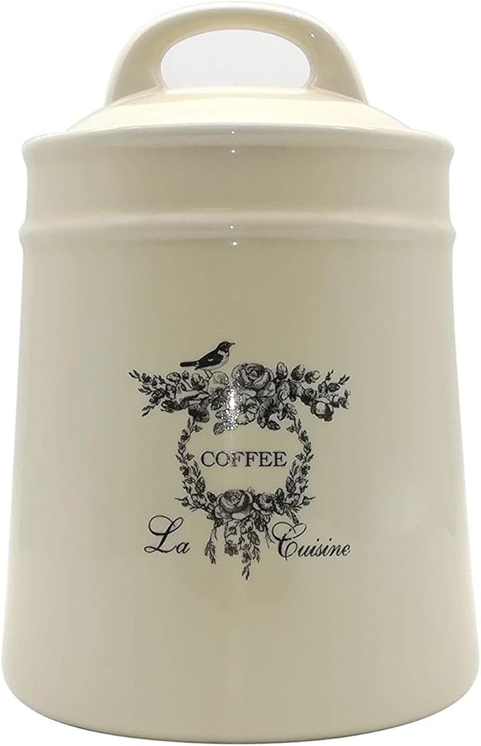 Ceramic Coffee Canister Jars,Airtight Coffee Storage Container with Handle Lid,Ceramic Food Storage Jars for Coffee Beans,Vacuum Sealed Vintage Kitchen Canisters Large,8.5 inches (Beige)