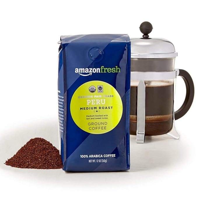 Amazon Fresh Organic Fair Trade Peru Ground Coffee, Medium Roast, 12 Ounce