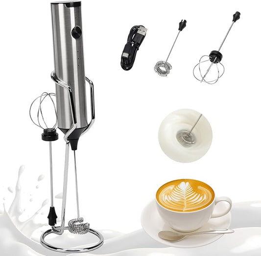 Madrigal Rechargeable Milk Frother with Stand, Dual 304 Stainless Steel Whisks, USB-C Mini Mixer for Drinks, Cappuccino & Hot Chocolate, 3-Speed Handheld Drink Mixer for Lattes