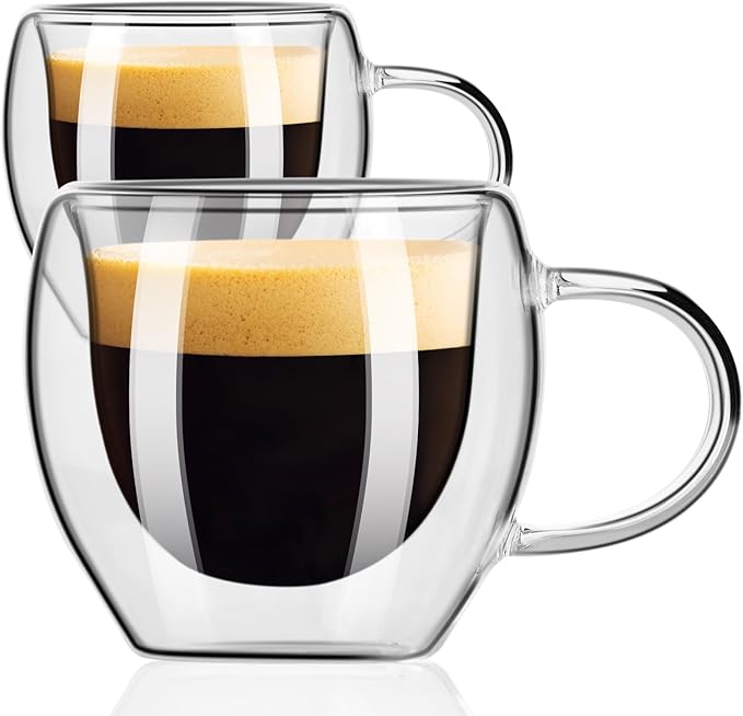 PARACITY Espresso Cups Set of 2, Double Walled Espresso Shot Glass with Handle, 2.5 OZ High Borosilicate Expresso Shots Cup, Espresso Accessories