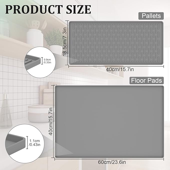 BLESWIN Silicone Coffee Mat, 16x24 Inches - Non-Slip Bar Mat with Raised Edges and Removable Drying Pad, Fits Under Coffee Makers/Espresso Machines, Heat-Resistant Countertop Protector (Grey)